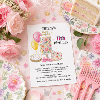 Convite Menina Onze Rosa Floral Bolo de Aniversário Festa