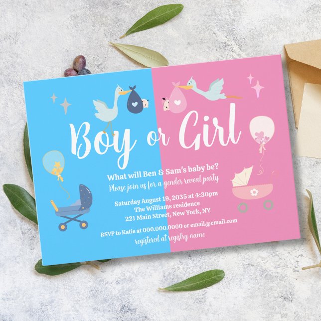 Convite Menina ou Menina Moderna, Festa de Sexo Rosa Azul (Boy or Girl Modern Blue Pink Gender Reveal Party Invitation
)
