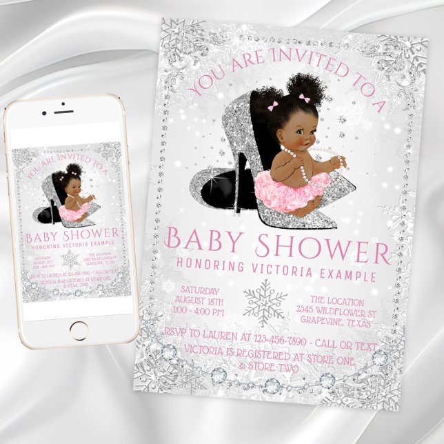 Convite Menina País das Maravilhas de Inverno Rosa Floco d (Girl winter wonderland snowflake baby shower. Instant download and printed invitations available.)