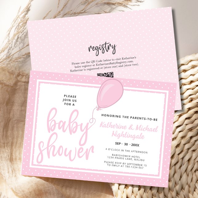Convite Menina Pais Rosa Chá de fraldas de Código QR (Parents to Be Pink Baby Shower invitation with white polka dots, QR code, registry.)