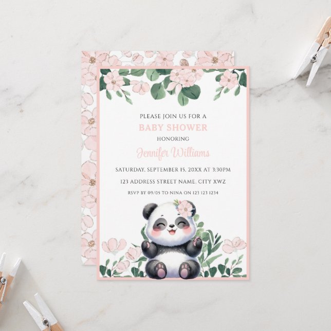 Convite Menina Panda Fofa com Flores Rosa Churrasco de Beb (Frente/Verso In Situ)