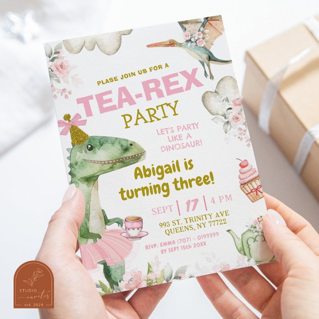 Convite Menina Pastel Dinosaur Tutu Tea-Rex Primeiro Anive (Criador carregado)