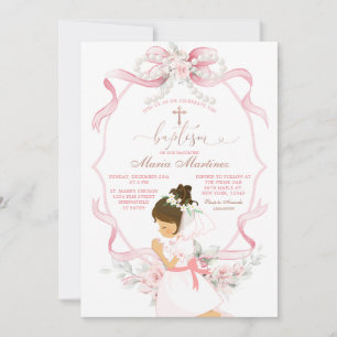 Convite Menina Pequena com Laço Floral Rosa Rezar Batismo