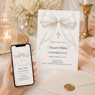 Convite Menina pérolas de marfim elegante Crisma