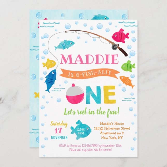 Convite Menina Pesca de primeiros aniversarios de O-fish (Frente/Verso)