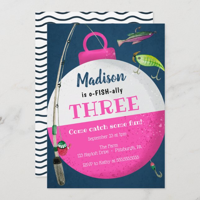 Convite Menina Pescarando O-FISH aliado Aniversário (Frente/Verso)