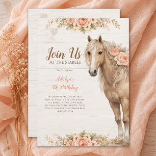 Convite Menina Pêssego Floral Cavalgando 5º Aniversário