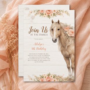 Convite Menina Pêssego Floral Fazenda de Cavalos 8º Aniver