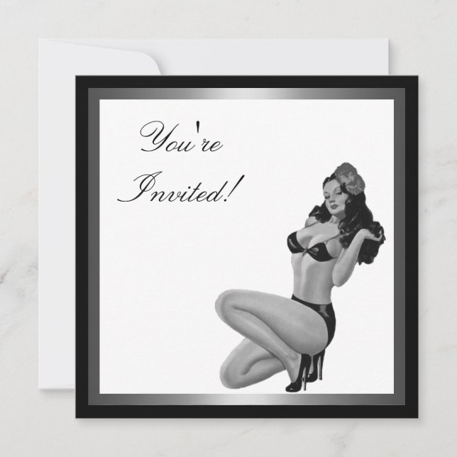 Convite Menina Pin-Up de Estilo Preto e Branco Prateado 20 (Frente)