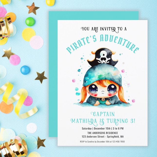 Convite Menina pirata bonita turquesa digital de aniversár (Cute Little Pirate Girl Turquoise Birthday Digital Invitation)