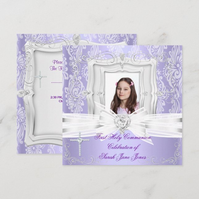 Convite Menina Primeira Comunhão Bonito Roxo Foto (Frente/Verso)