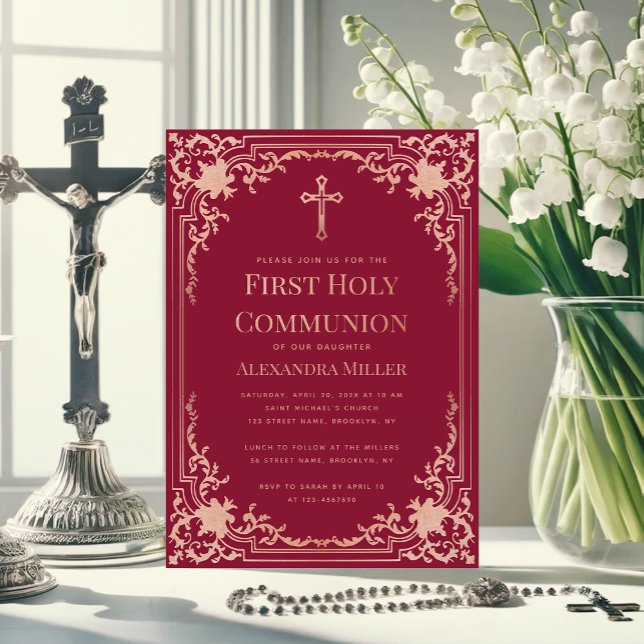 Convite Menina Primeira Comunhão Borgonha Rosa Dourado Cru (Criador carregado)