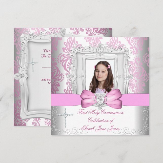 Convite Menina Primeira Comunhão Branco Rosa Foto (Frente/Verso)