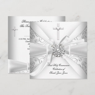 Convite Menina Primeira Comunhão Damask Branco Prata