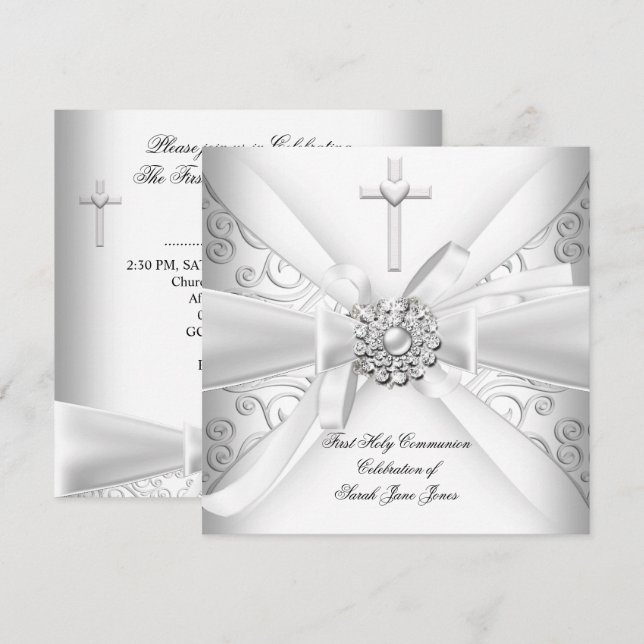 Convite Menina Primeira Comunhão Damask Branco Prata (Frente/Verso)