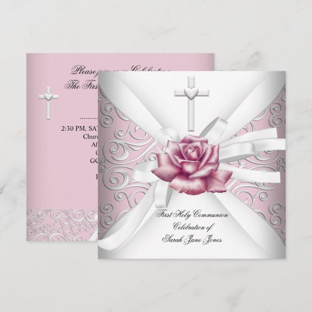 Convite Menina Primeira Comunhão Damask Rosa Branco (Frente/Verso)