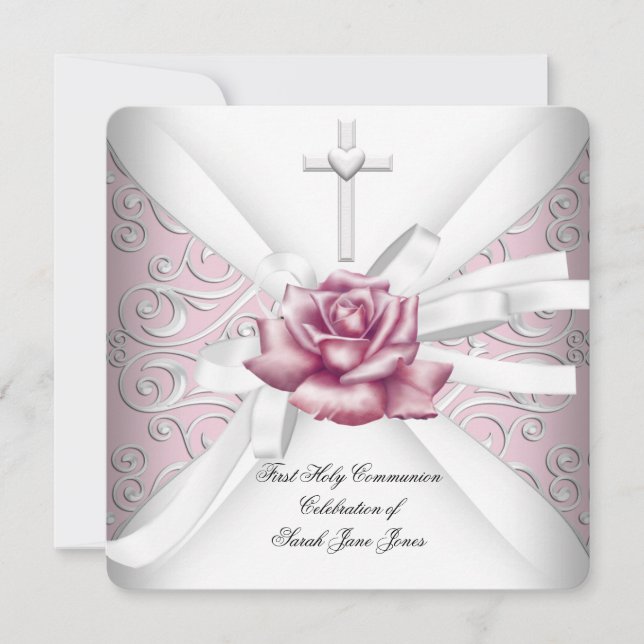Convite Menina Primeira Comunhão Damask Rosa Branco (Frente)