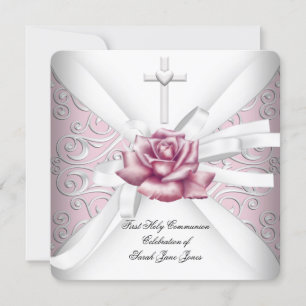 Convite Menina Primeira Comunhão Damask Rosa Branco
