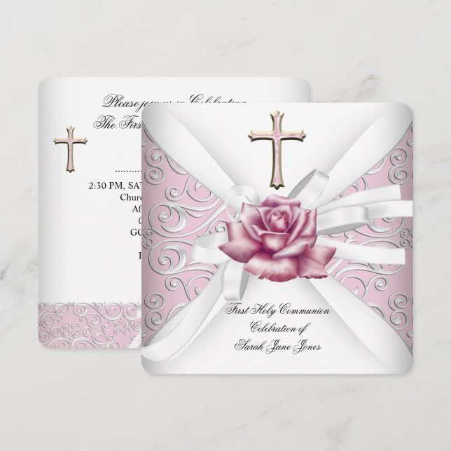 Convite Menina Primeira Comunhão Damask Rosa Branco 2 (Frente/Verso)