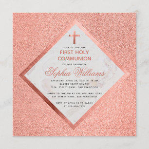 Convite Menina Primeira Comunhão Mármore Rosa Dourado Bril