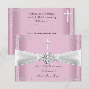 Convite Menina Primeira Comunhão rosa Branco Prata