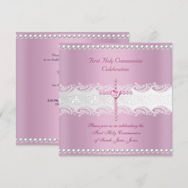 Convite Menina Primeira Comunhão Rosa Renda Pérola Rosa (Frente/Verso)