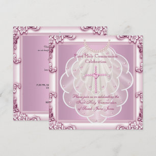 Convite Menina Primeira Comunhão Rosa Véu Cruz Rosa
