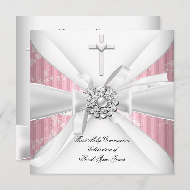 Convite Menina Primeira Sagrada Comunhão, Flor Branco Rosa (Frente/Verso)