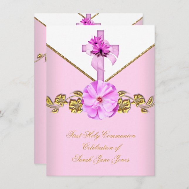 Convite Menina Primeira Sagrada Comunhão Flor Branco Rosa  (Frente/Verso)