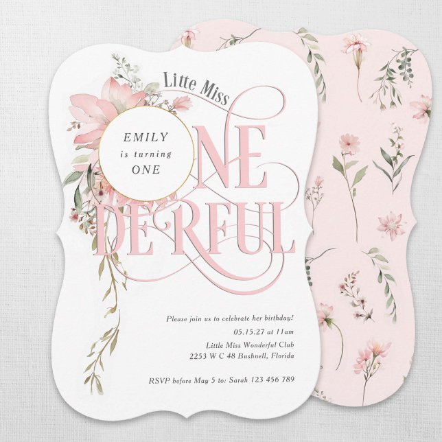 Convite Menina primeiro aniversario Pequena Menina Onederl (Wildflower Little Miss Onederland, Girl 1st birthday invitation.)