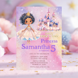 Convite Menina Princesa Castelo Afro-Americana Aniversário