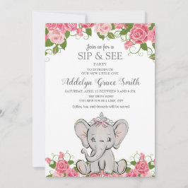 Convite Menina Princesa Tiara Elefante Rosa Floral Sip See