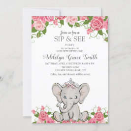 Convite Menina Princesa Tiara Elefante Rosa Floral Sip See