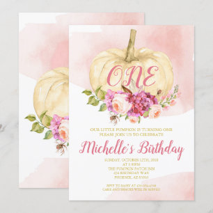 Convite Menina Pumpkin Rosa Dourada Primeira Aquarela
