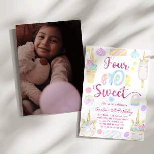 Convite Menina Quatro Sempre Doce 4º Aniversário Unicórnio