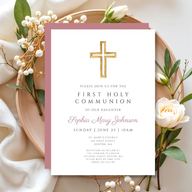 Convite Menina Religiosa Rosa Empoeirado Moderna Primeira  (Modern Dusty Pink Religious Girl First Communion Invitation)