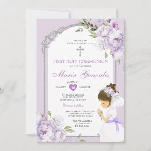 Convite Menina Rezando Primeira Comunhão Floral Roxo