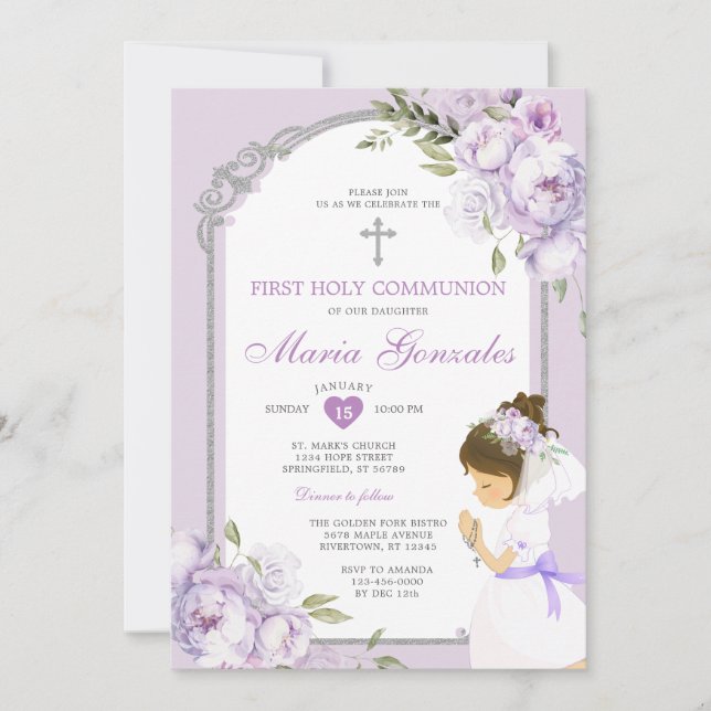 Convite Menina Rezando Primeira Comunhão Floral Roxo (Frente)