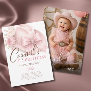 Convite Menina Rosa Coquete Foto Cowgirl Aniversário de 1