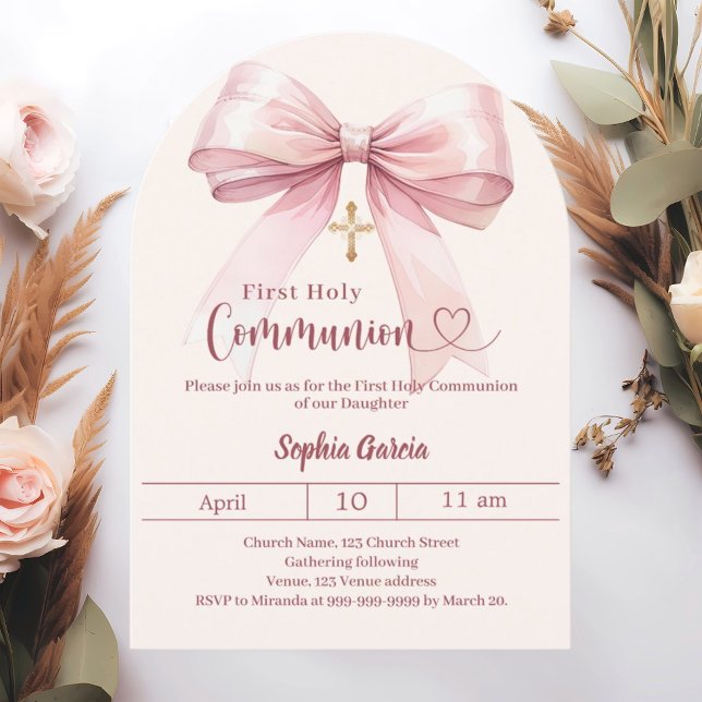 Convite Menina rosa creme arco Primeira Comunhão (Criador carregado)