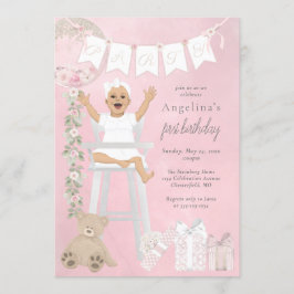 Convite Menina Rosa do Primeiro Aniversário em Cadeira Alt