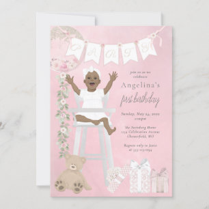 Convite Menina Rosa do Primeiro Aniversário em Cadeira Alt
