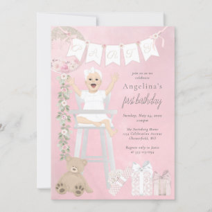 Convite Menina Rosa do Primeiro Aniversário em Cadeira Alt