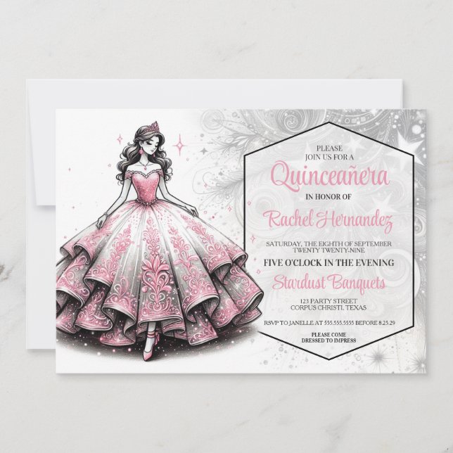 Convite Menina Rosa e Silver Quinceañera (Frente)