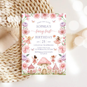 Convite Menina Rosa Fada Floral Primeiro 1º Aniversário