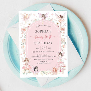 Convite Menina Rosa Fada Floral Primeiro 1º Aniversário