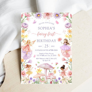 Convite Menina Rosa Fada Floral Primeiro 1º Aniversário