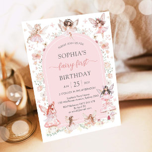 Convite Menina Rosa Fada Floral Primeiro Aniversário