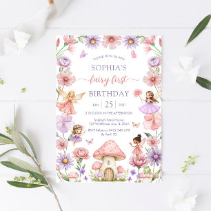 Convite Menina Rosa Fada Floral Primeiro Aniversário