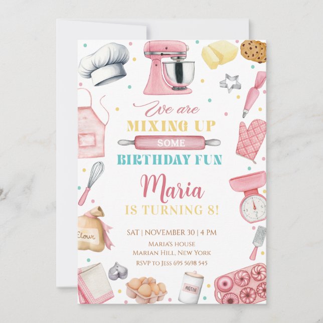 Convite Menina Rosa Fazendo Bolo De Aniversário (Frente)